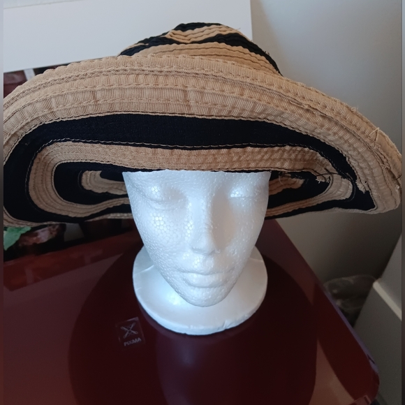 Cappelli Straworld ~ Tan & Black Wide Brim Striped Sun Hat OS - Picture 8 of 10